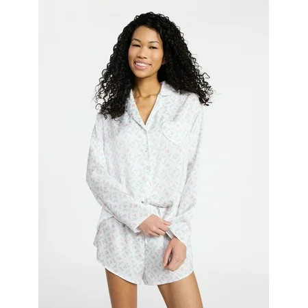 No Boundaries Sleepwear Satin Long Sleeve Button-Up Top and Shorts Set, 2-Piece, Women’s XS-XXL | Walmart (US)
