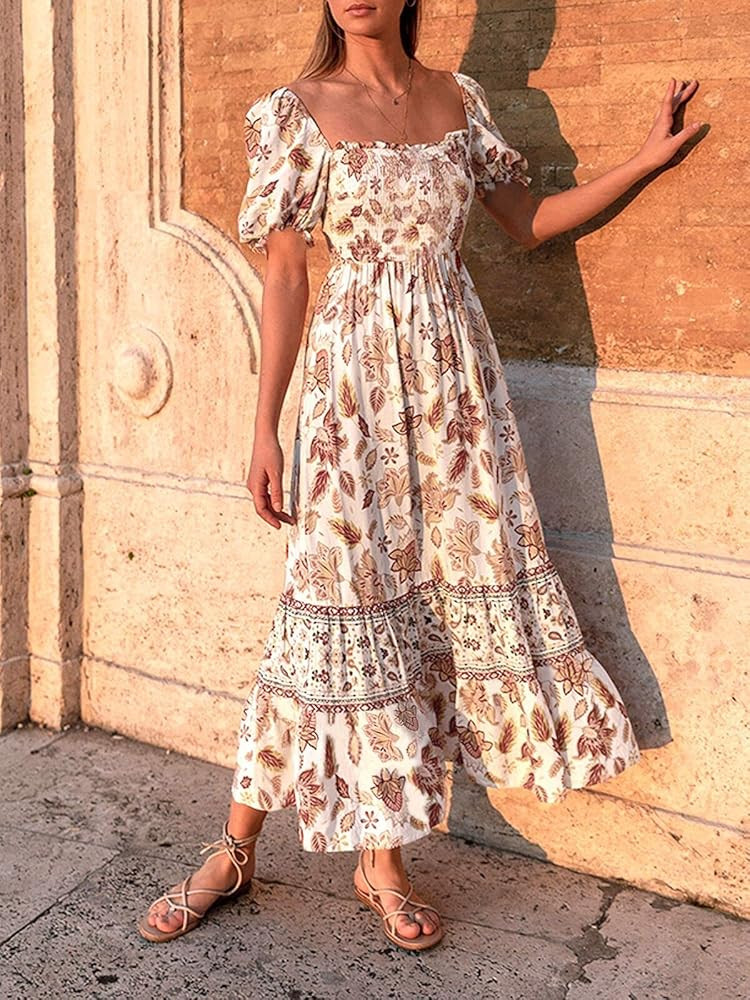 ZESICA Women's Summer Boho Floral Print Square Neck Ruffle Swing Beach Long Maxi Dress | Amazon (US)