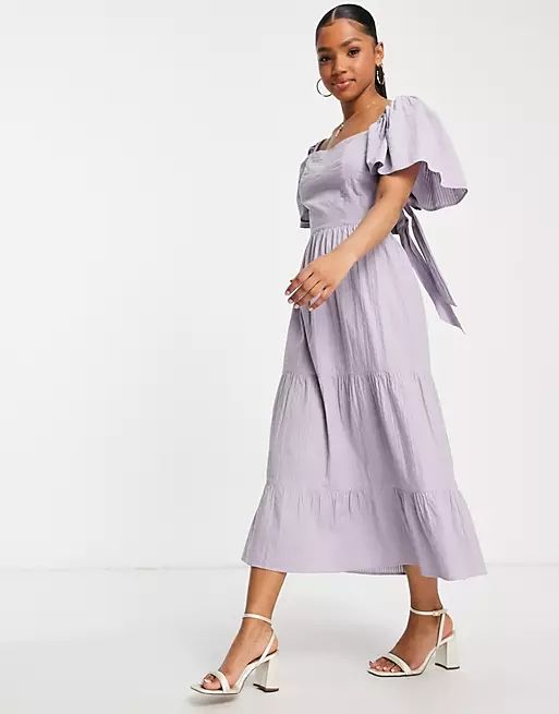 Miss Selfridge cotton slub bow back maxi dress in lilac | ASOS (Global)