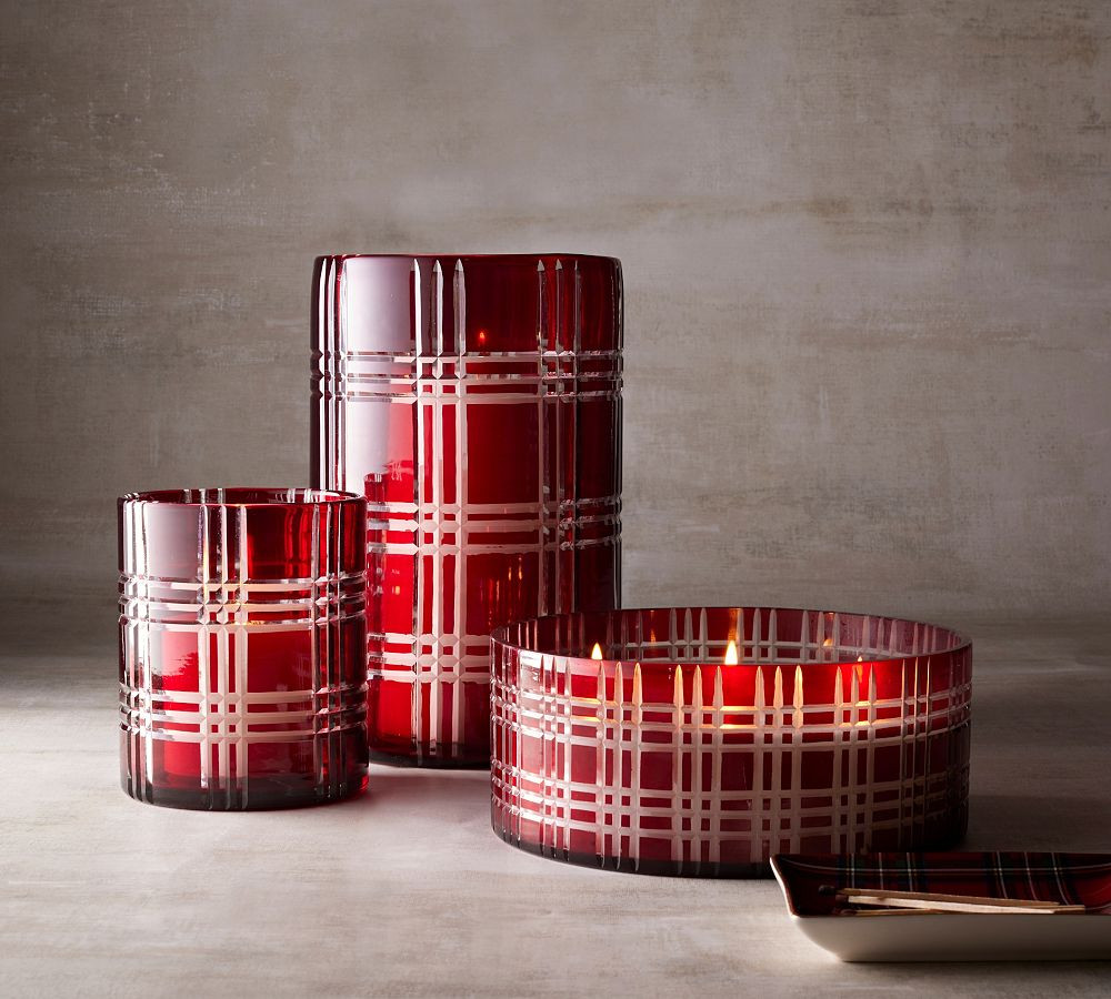 Stewart Plaid Cut Glass Hurricane Candle Holder | Pottery Barn (US)