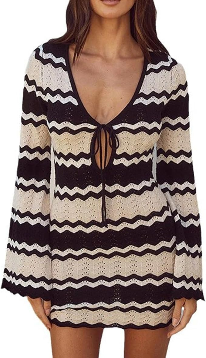 Swimsuit Crochet Cover Up for Women Hollow Out Knit Beach Dress Bathing Suit Summer Swim Mesh Bik... | Amazon (US)