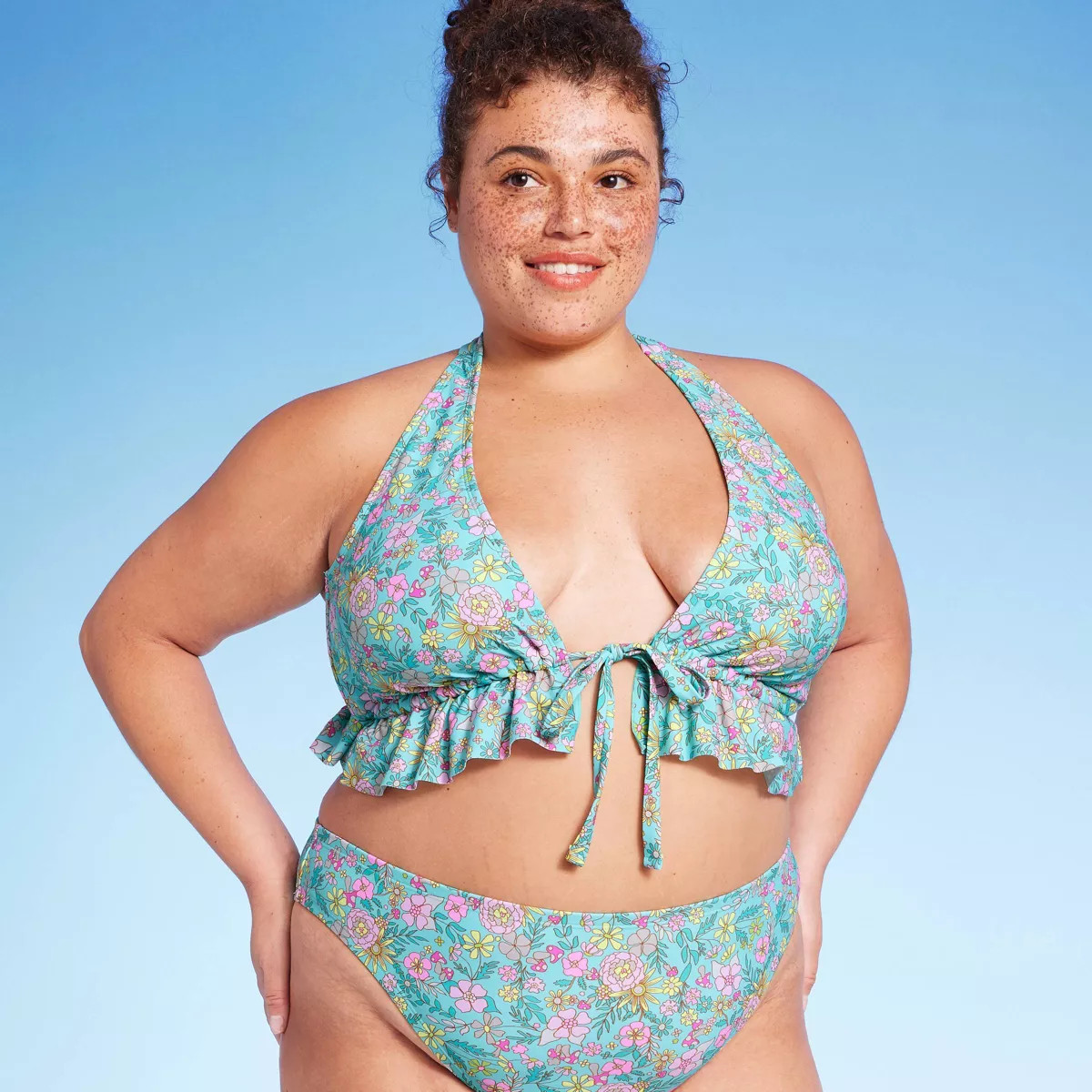 Women's Ruffle Tie-Front Halter Bikini Top - Wild Fable™ Green Floral Print | Target