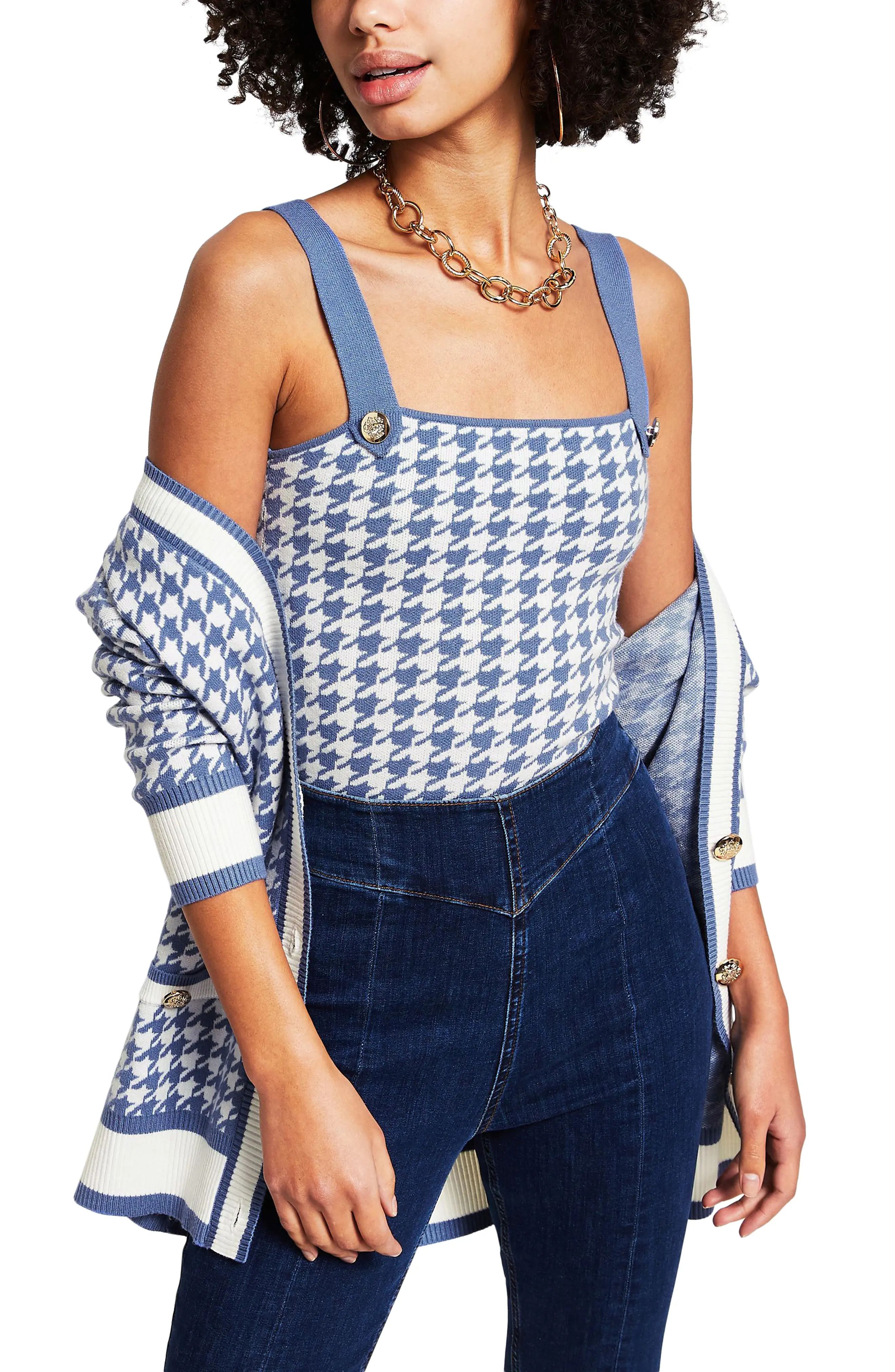 Women's River Island Houndstooth Knit Camisole, Size 2 US - Blue | Nordstrom