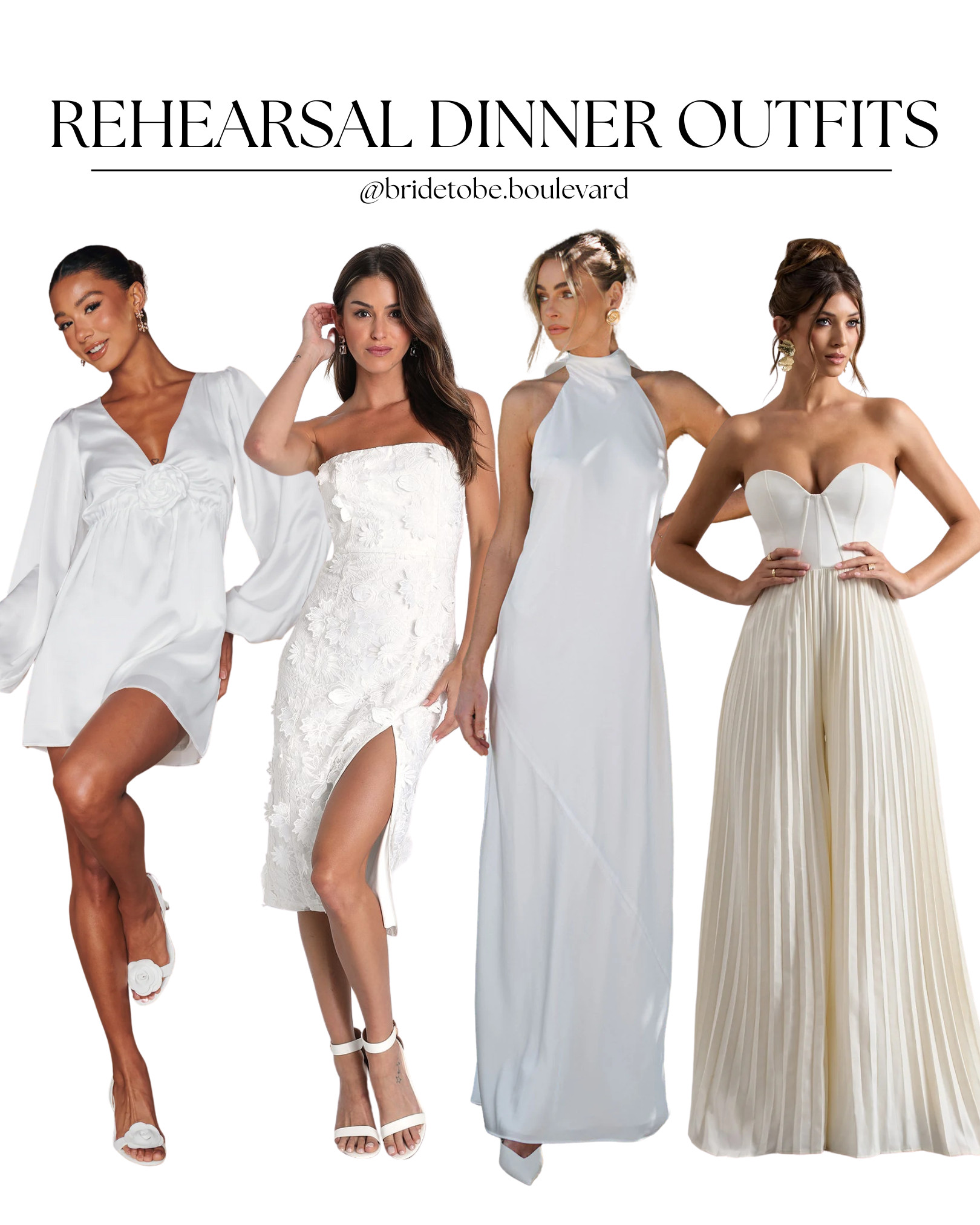 💍 Rehearsal Dinner Ready: Elegant White & Ivory Looks for the Bride 💍
Looking for that perfect look for your rehearsal dinner? These swoon-worthy styles are timeless, elevated, and totally bridal-approved 🤍

Featuring:
— A chic long sleeve satin mini with an oversized flower that makes a statement 🎀
— A romantic strapless midi with 3D floral appliqué + a leg slit for that wow moment 🌸
— A sleek high-neck satin maxi — minimal, modern, and elegant ✨
— A strapless corset-style jumpsuit with flowy pleats — fashion-forward and flattering 👰‍♀️

#RehearsalDinnerDress #WhiteBridalLooks #BrideToBeBoulevard #BridalStyleInspo #BridalOutfits #BridalJumpsuit #ElegantBride #ModernBride #WeddingEventsOutfit #BrideStyle #LTKBridal #WhiteDresses #WeddingPrepLooks 

 #LTKParties #LTKWedding