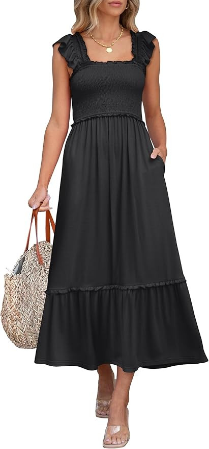 ANRABESS Womens Summer Sleeveless Maxi Dress Square Neck Smocked Boho Casual Ruffle Strap Flowy A... | Amazon (US)