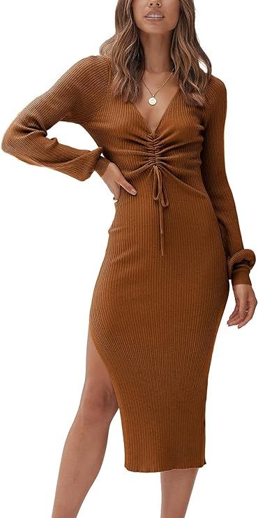 Amazon.com: PRETTYGARDEN Women's Midi Sweater Dress Long Lantern Sleeve Ruched V Neck Drawstring ... | Amazon (US)