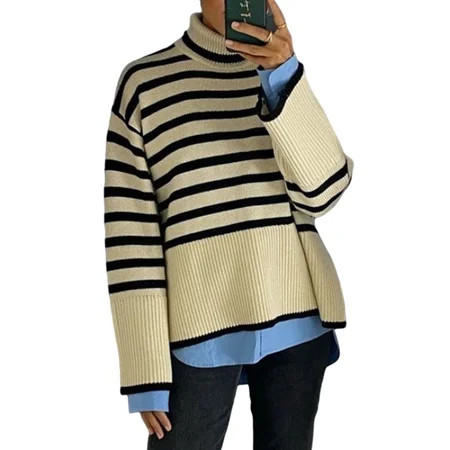 Frontwalk Long Sleeve Knitted Sweater for Women Casual Stripe Turtleneck Sweaters Jumper Pullover | Walmart (US)