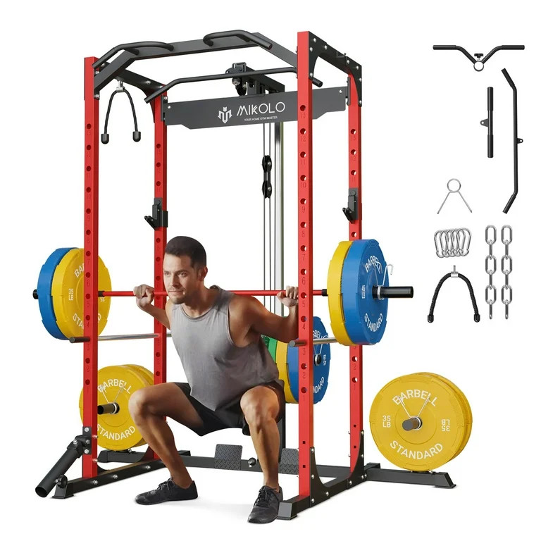 Mikolo Multi-Functional Squat Rack with LAT Pulldown System Exercise Power Cages, Metal Red | Walmart (US)