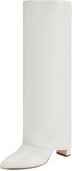 Putu Fold Over Boots for Women Knee High Boots Chunky High Heel Tall Boots with Pointed Toe | Amazon (US)