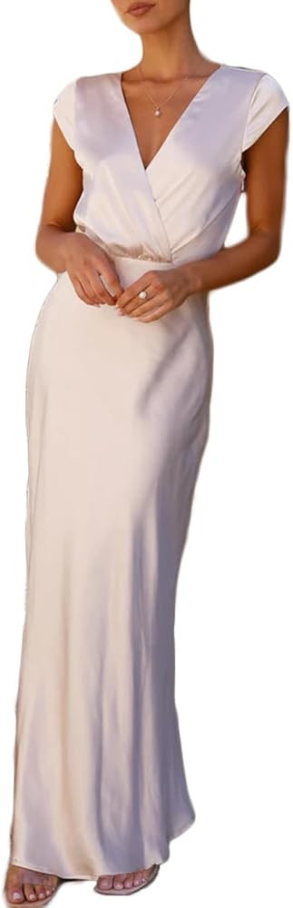 Summer Satin V Neck Wrap Maxi Dress for Women 2026 Elegant Silk Cap Sleeve Wedding Guest Dresses | Amazon (US)