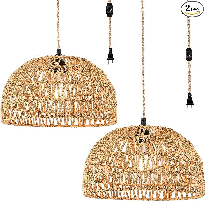 Plug in Pendant Light Rattan Hanging Lights with Plug in Cord,Dimmable Wicker Hanging Lamp Woven ... | Amazon (US)