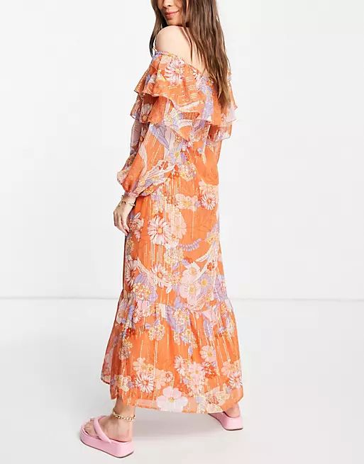 ASOS DESIGN off shoulder maxi dress with pephem in 70s bold floral print | ASOS (Global)