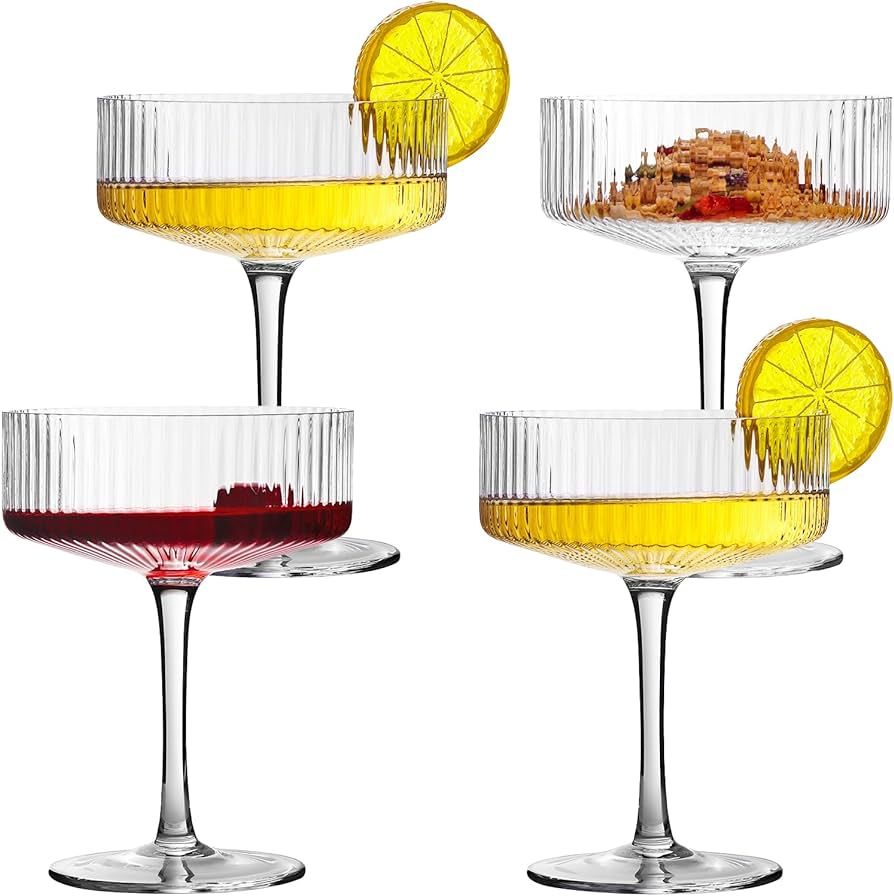 4 Pcs Ribbed Coupe Cocktail Glasses, 10 oz Classic Margarita Glass Set with Gift Box Packaging El... | Amazon (US)