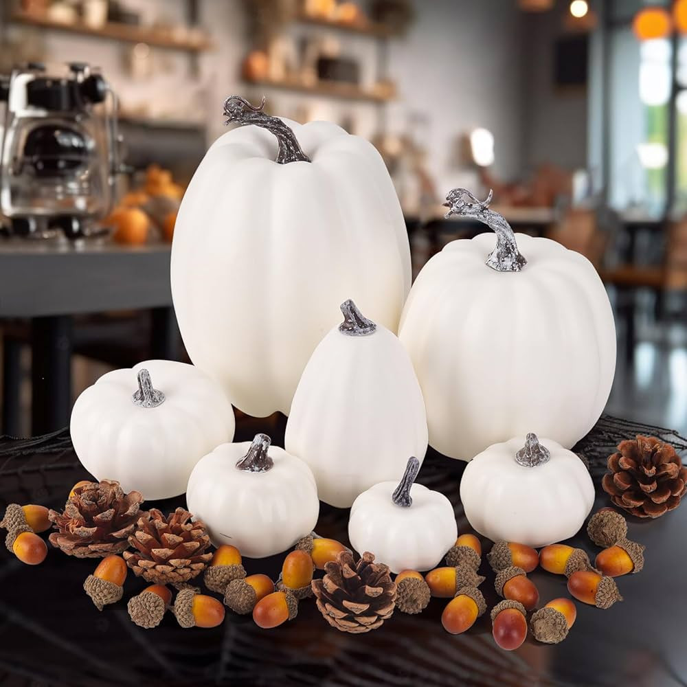 35pcs Plastic Pumpkin Decor with Acorns and Pinecones Fake White Pumpkins for Halloween Thanksgiv... | Amazon (US)