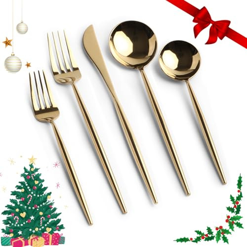 Homelux Theory 18/10 Gold Silverware Set Stainless Steel, 5pc Mirror Polished Modern Silverware Set Dishwasher Safe, Kitchen Flatware Set, Adaline Royal Knife Spoons & Forks Set, Gold Cutlery Set of 4 | Amazon (US)