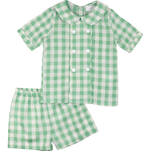 Green Linen Check Double Breasted Short Set - Shipping Late March | Cecil and Lou