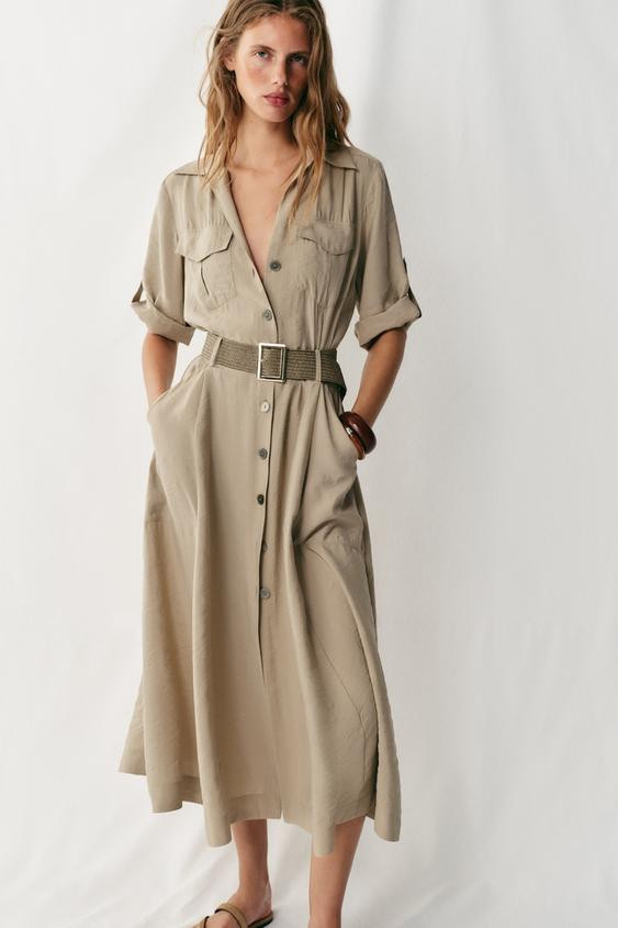 Zara - Belted Midi Shirt Dress - Camel - S - Woman | Zara UK