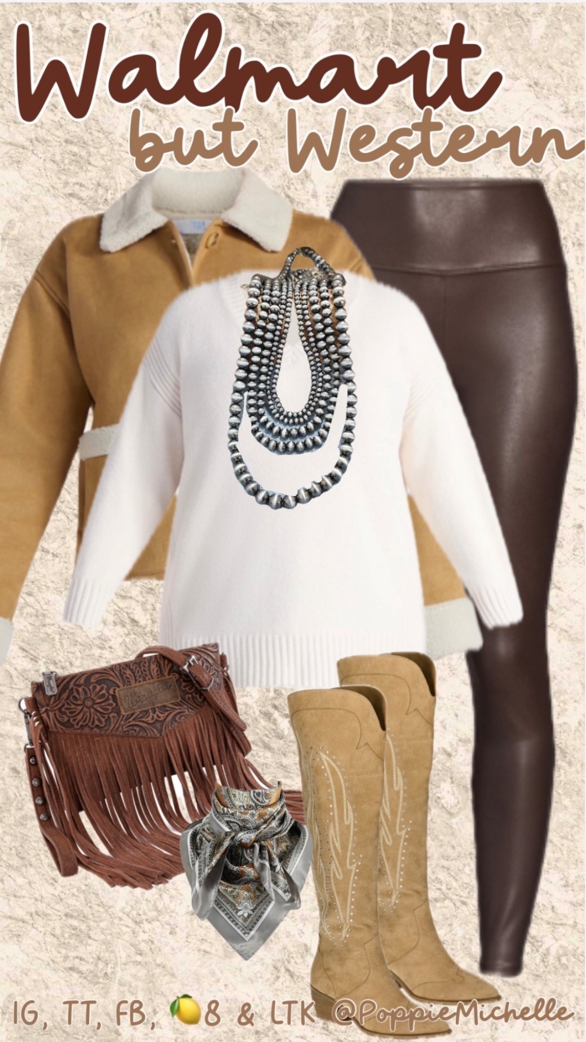 Walmart…but western! 

Brown, leather leggings, tall, brown, cowboy boots, brown suede, Sherpa jacket, white tunic sweater, brown fringe purse



#LTKootd #LTKMidsize