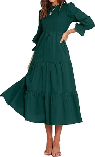 FreshPretty Women Casual Long Sleeve Crew Neck Fall Dress Bohemian Relaxed Fit Floral Flowy Maxi ... | Walmart (US)