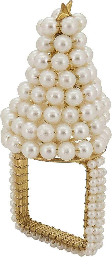 Saro Lifestyle Pearl Christmas Tree Napkin Rings (Set of 4), Ivory | Amazon (US)