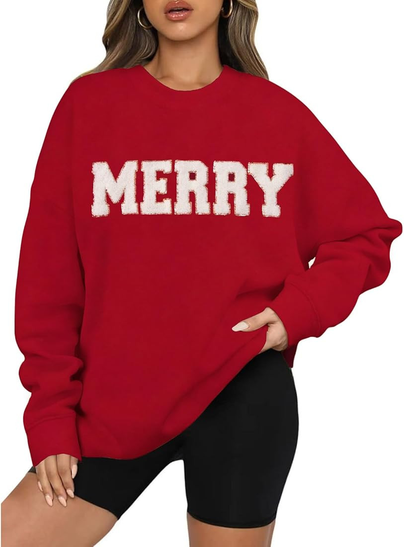 BOUTIKOME Merry Christmas Sweatshirts for Women Glitter Patch Merry Letter Shirts Chenille Patch ... | Amazon (US)