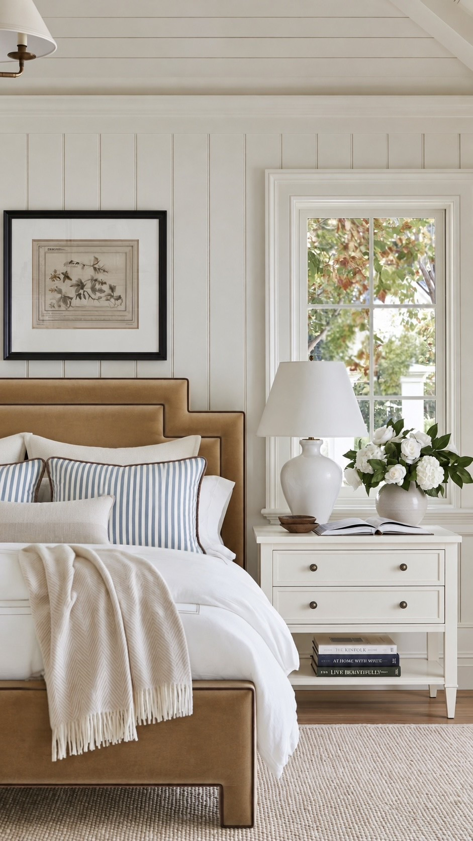 Cottage traditional bedroom featuring a camel velvet headboard and striped pillow, plus crisp white bedding and a cashmere throw blanket ❤️

#LTKHome
