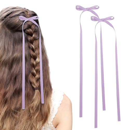 Bow Hair Clips,2 PCS Purple Hair Bows Tassel Hair Ribbons,Long Hair Bow Satin Hair Clip Ribbon Accessories for Women Valentine's Day (Purple) | Amazon (US)