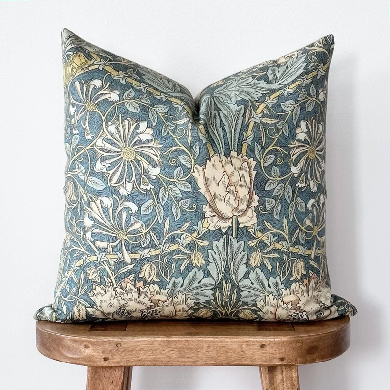 Teal Floral Block Print Pillow Cover | William Morris Inspired Designer Throw Pillow Cover | Hone... | Etsy (US)