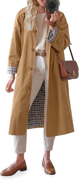 Tankaneo Womens Long Trench Coat Single Breasted Oversized Windproof Overcoat Fashion Outerwear | Amazon (US)