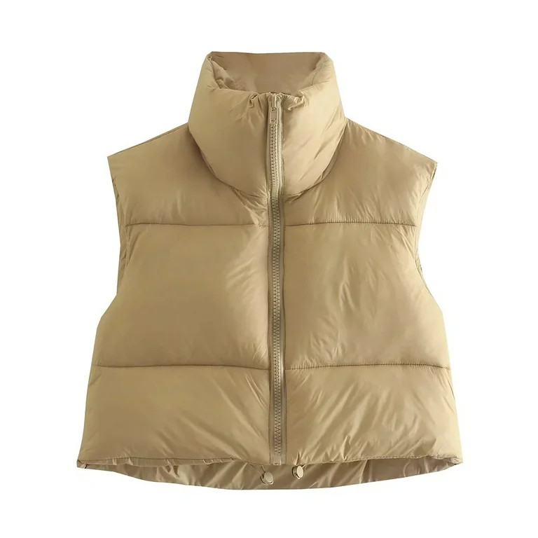 Hotian Women Winter Crop Puffer Vest Jacket Sleeveless Padded Gilet Khaki S | Walmart (US)