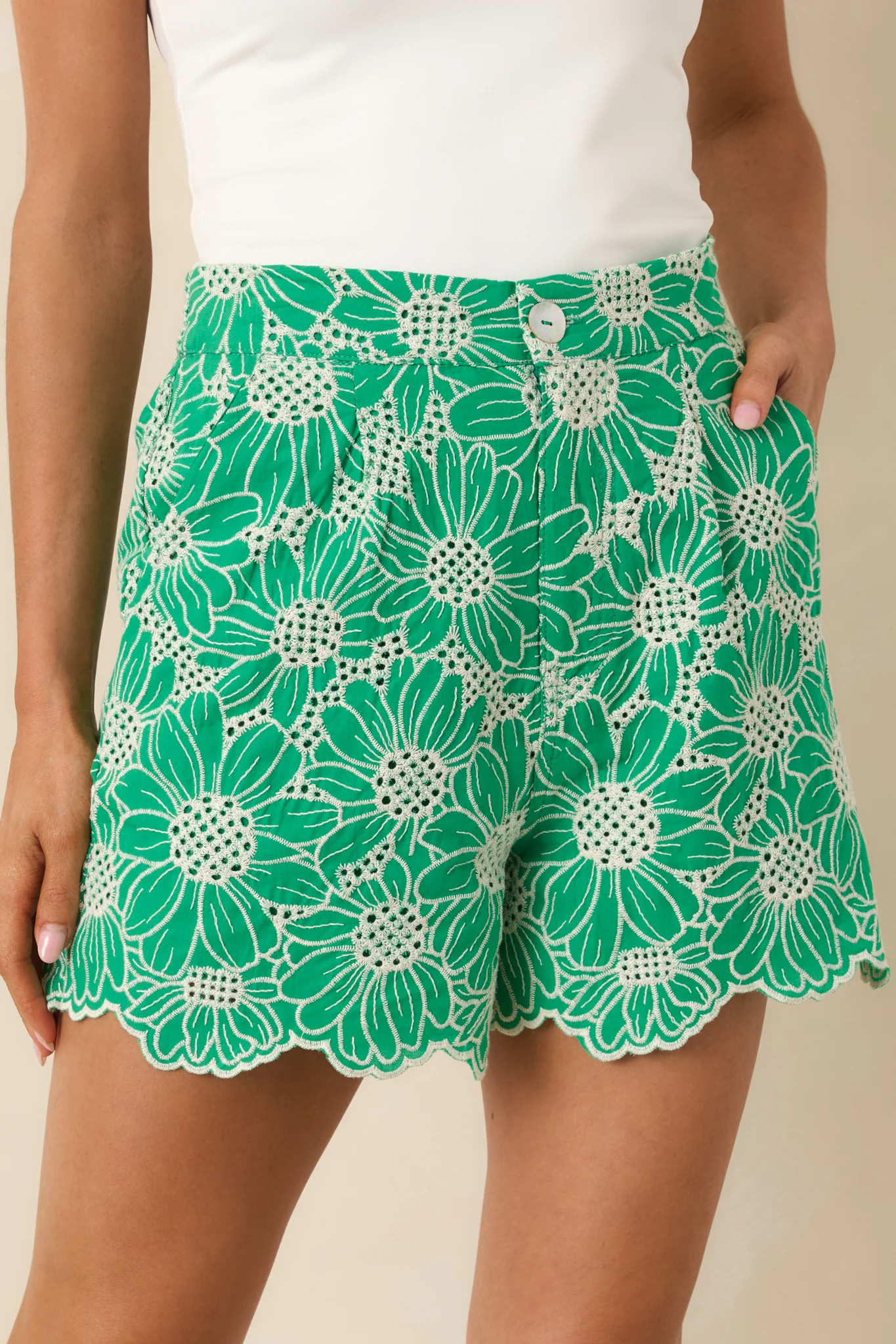 Look At You Green Cotton Floral Embroidered Shorts | Red Dress