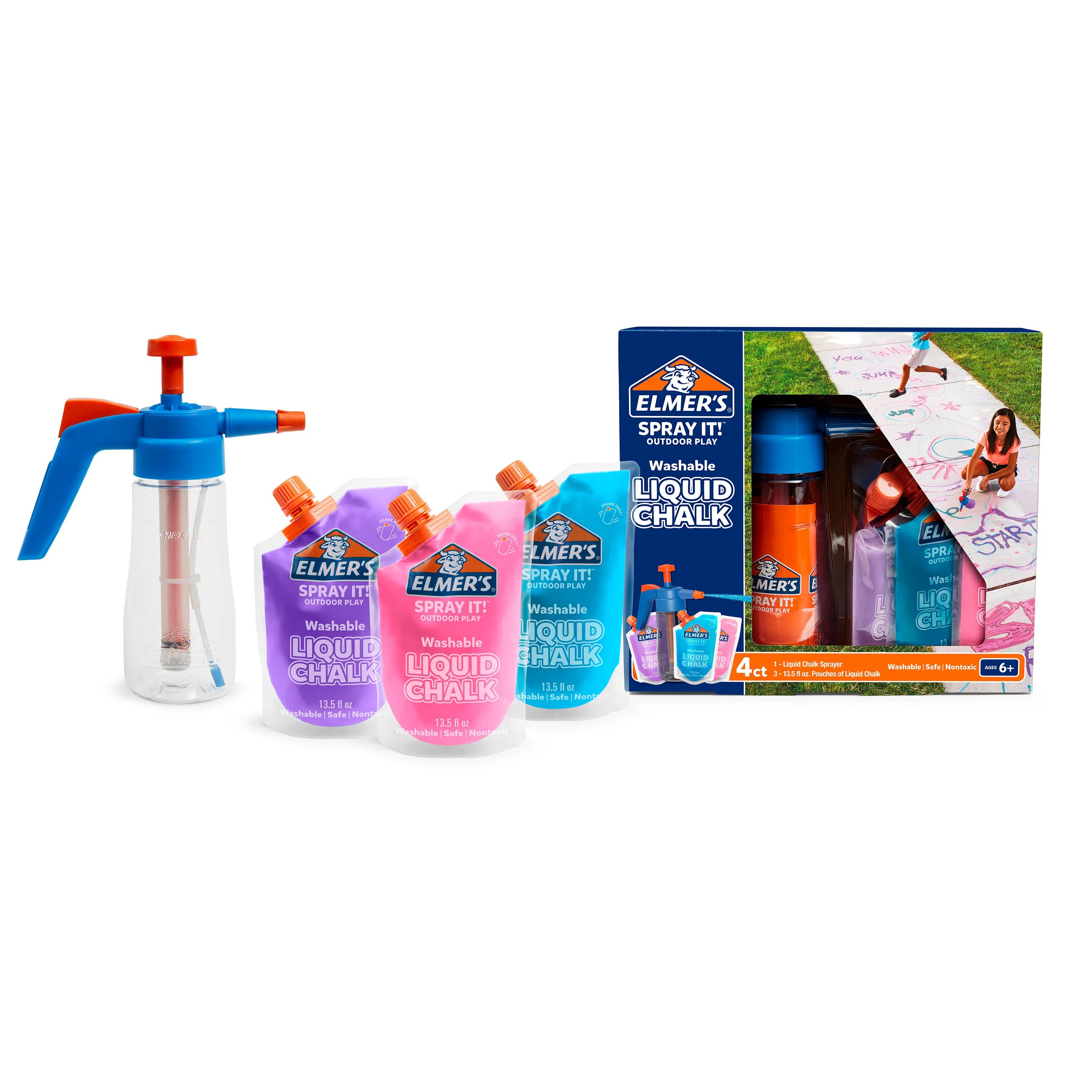Elmer’s Spray It! Outdoor Play Washable Liquid Chalk Kit, Sprayer and Refills, 4 Count | Walmart (US)