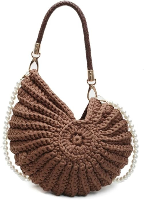 Handwoven Seashell Bag for Women Crochet Beach Bag Boho Clutch with Pearl Strap Leather Handle Un... | Amazon (US)