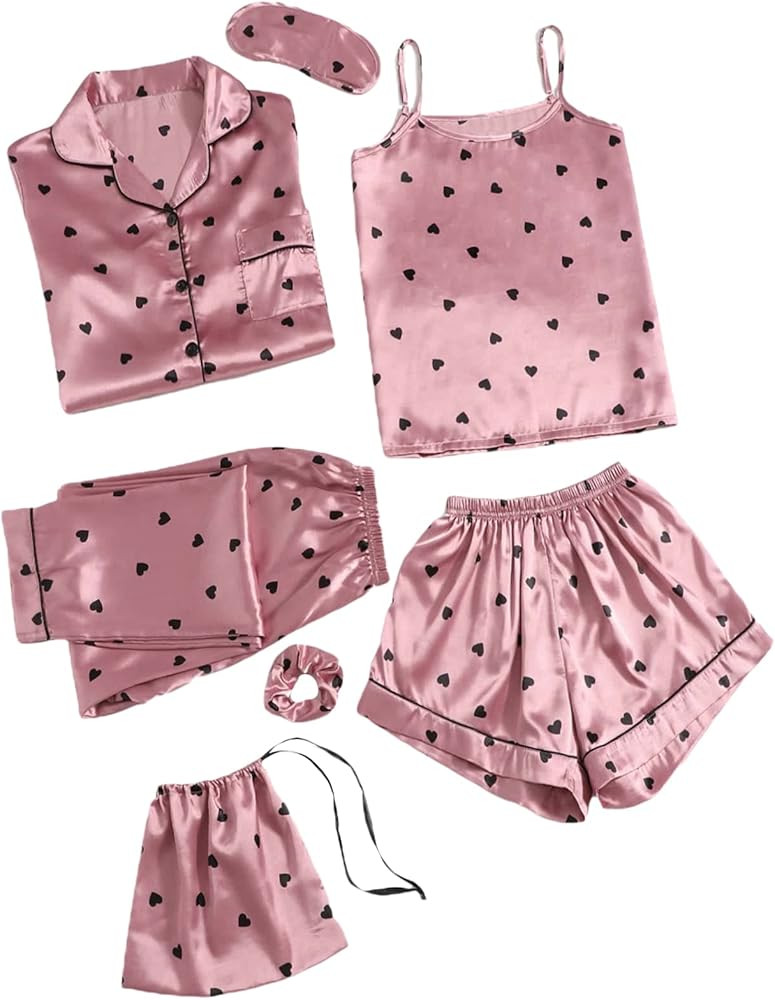 SheIn Women's 7pcs Pajama Set Cami Pjs with Shirt and Eye Mask | Amazon (US)