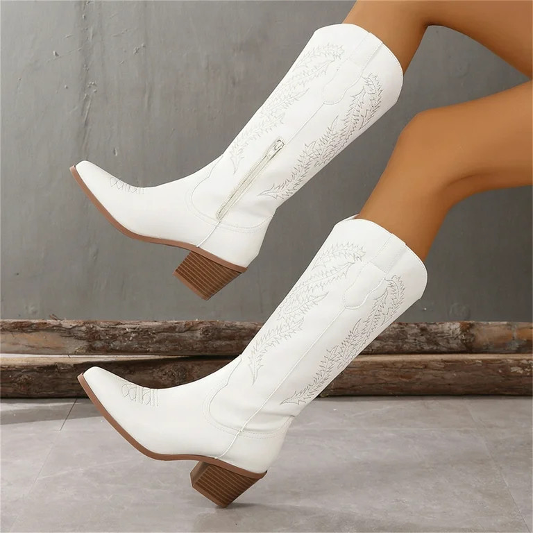 Femflame Women's Embroider Mid-Calf Cowboy Boots Fashion Zip Pointed Toe Chunky Heel Western Cowg... | Walmart (US)