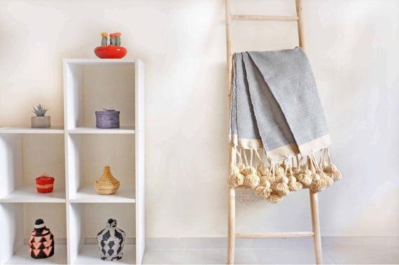 Moroccan Cotton Blanket With Wool Long Tassels, handwoven on traditional wooden looms. BLKT010 | Etsy (US)