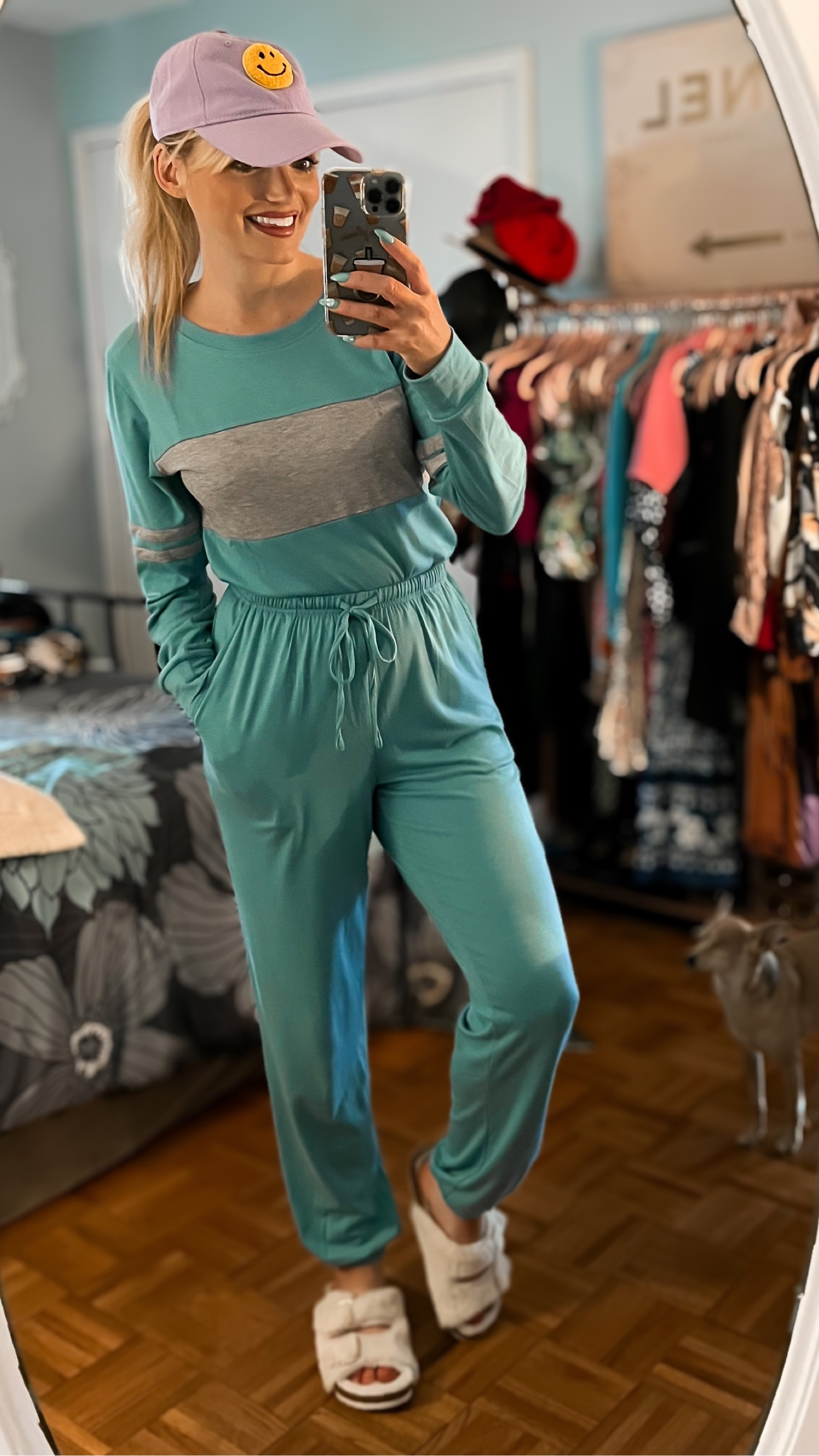 Two piece loungewear set - smiley face baseball cap - smiley face baseball hat - loungewear style - pajamas - pajama set - pjs - Birkenstocks inspired - fuzzy slipper slides - casual style - weekend casual - ootd - Amazon Fashion - Amazon finds 

#LTKunder50 #LTKSeasonal #LTKstyletip
