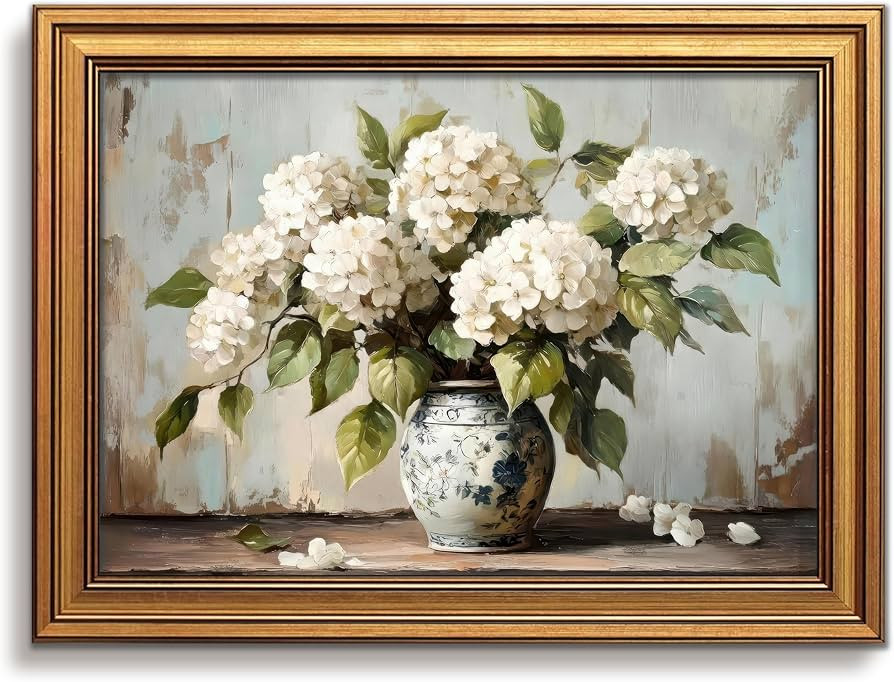 Vintage Hydrangea Canvas Wall Art Gold Framed Flower Paintings 12x16 Inch | Amazon (US)