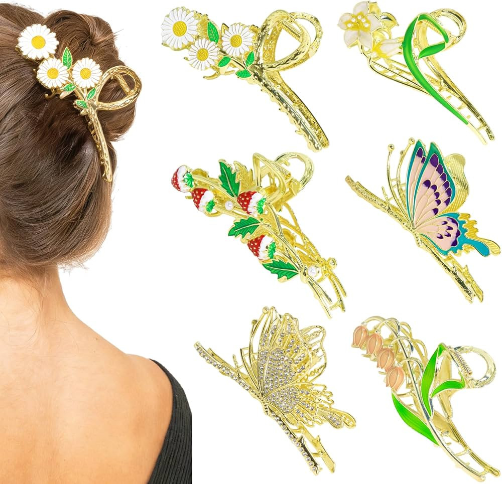6 Pcs Flower Claw Clips for Women，Cute Hair Clips Large Strong Metal Butterfly Tulip Flower Hai... | Amazon (US)