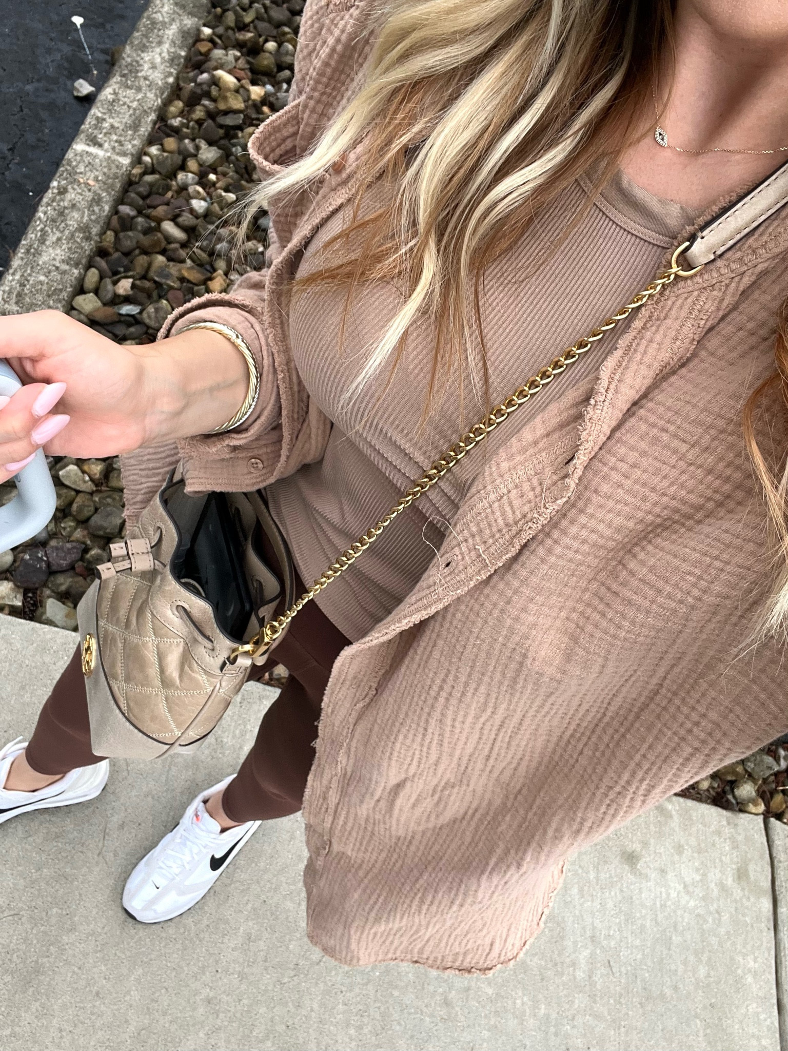 Neutral look outfit ootd errands 
Lululemon dupe leggings
Nike air max dawn sneakers
Tory Burch mini bucket bag
Pool to party button down
Ribbed tee 

#LTKstyletip #LTKsalealert #LTKunder50