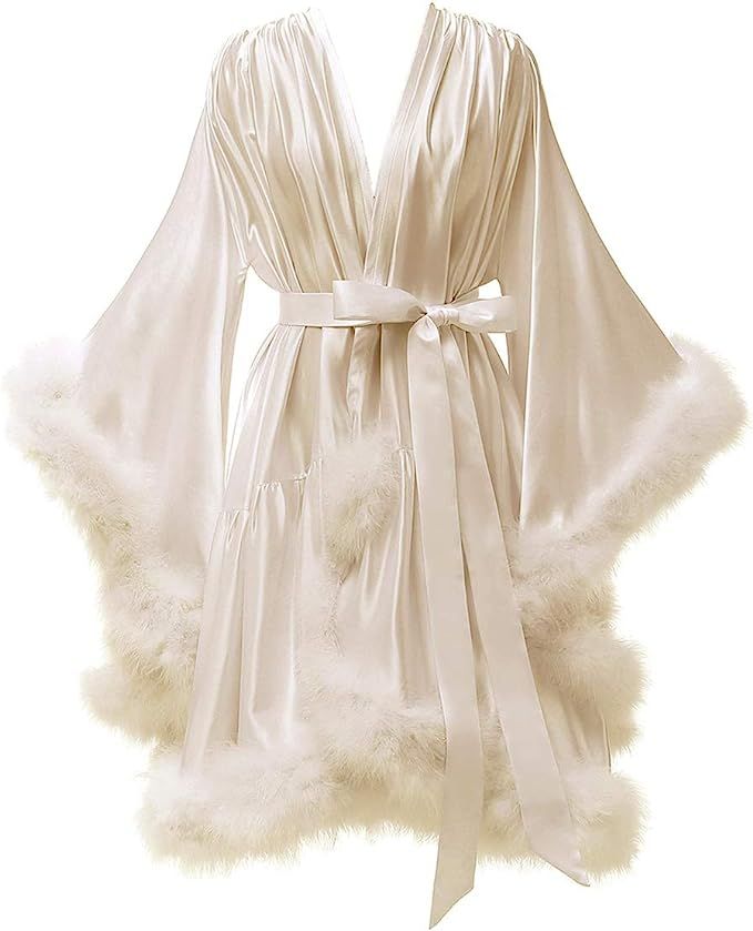 Yexinbridal Feather Fur Robe Silk Satin Bridal Dressing Gown Sexy Illusion Lingerie Nightgown Bat... | Amazon (US)