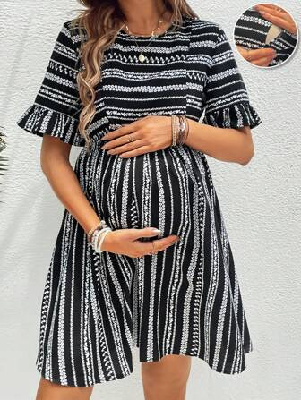SHEIN Round Neck Striped & Printed Summer Casual Short Sleeve Nursing Dress | SHEIN USA | SHEIN