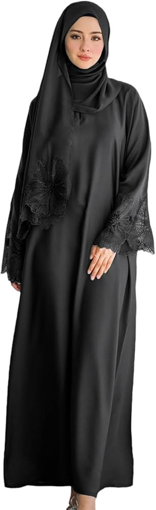 Women Muslim Solid Color Floral Lace Cuff Trim Abaya Dress Arab Loose Elegant Robe with Hijab Sca... | Amazon (US)