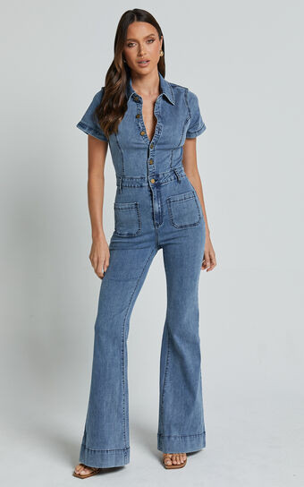 Silvena Jumpsuit - Short Sleeve Flared Denim Jumpsuit in Blue | Showpo (ANZ)