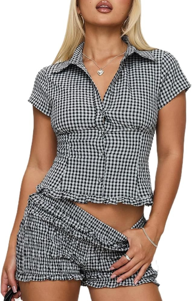 Women Y2K Plaid Button Down Shirt Coquette Short Sleeve V Neck Crop Top E-Girls Slim Fit Top Vintage Preppy Blouse | Amazon (US)