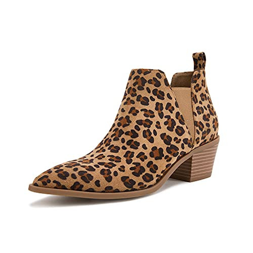 Trish Lucia Womens Ankle Boots Leopard Pointed Toe Stacked Chunky Heel Slip on Chelsea Short Booties | Amazon (US)