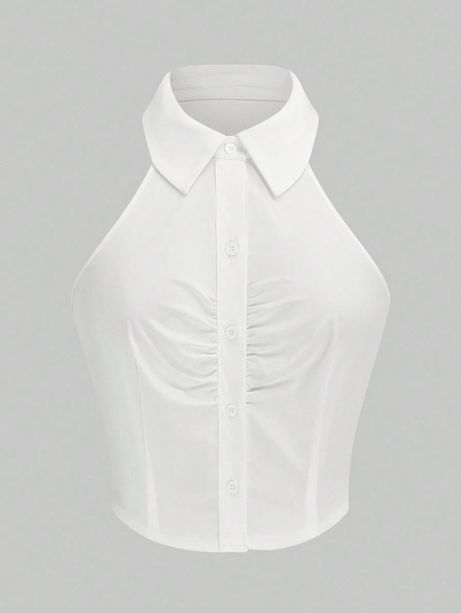 SHEIN MOOSTA Sleeveless Pleated Front Cinched Waist Cropped Shirt, Minimalist & Versatile Fashion... | SHEIN