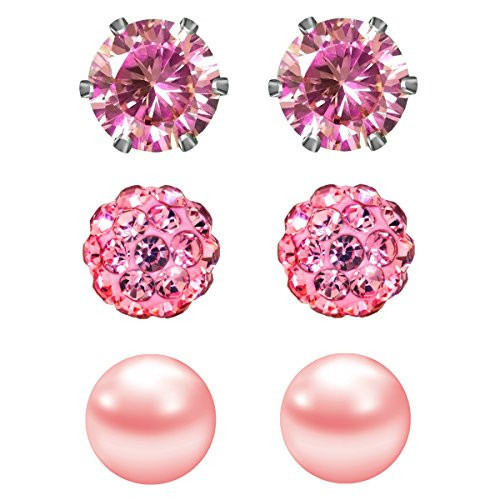 JewelrieShop Pink Studs Earrings for Women CZ Rhinestones Crystal Ball Fake Pearl Stainless Steel Party Stud October Birthstone Earring Set for Women (3 pairs,6mm Round,Oct) | Amazon (US)