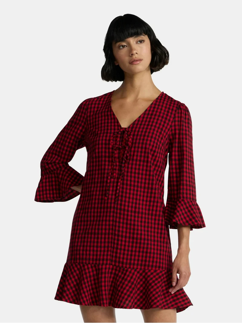 Time and Tru Women's Plaid Tie Front Mini Dress, Sizes XS-XXXL | Walmart (US)