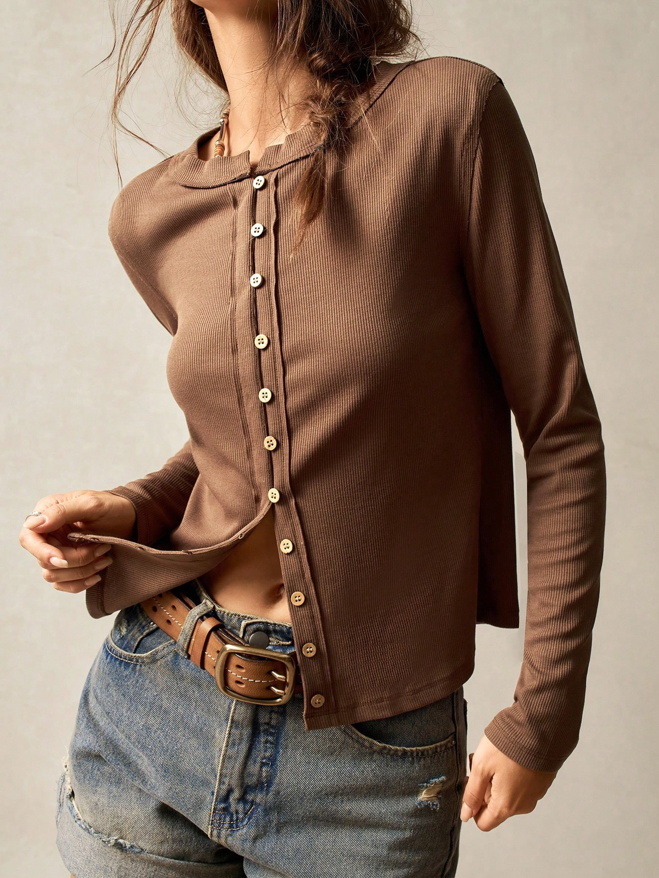 Bohemela Women's Solid Color Knit Crew Neck Long Sleeve Casual T-Shirt | SHEIN